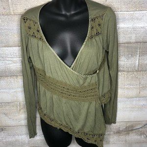 Tiny Anthropologie XS moss green lace trim crossover wrap shirt shawl